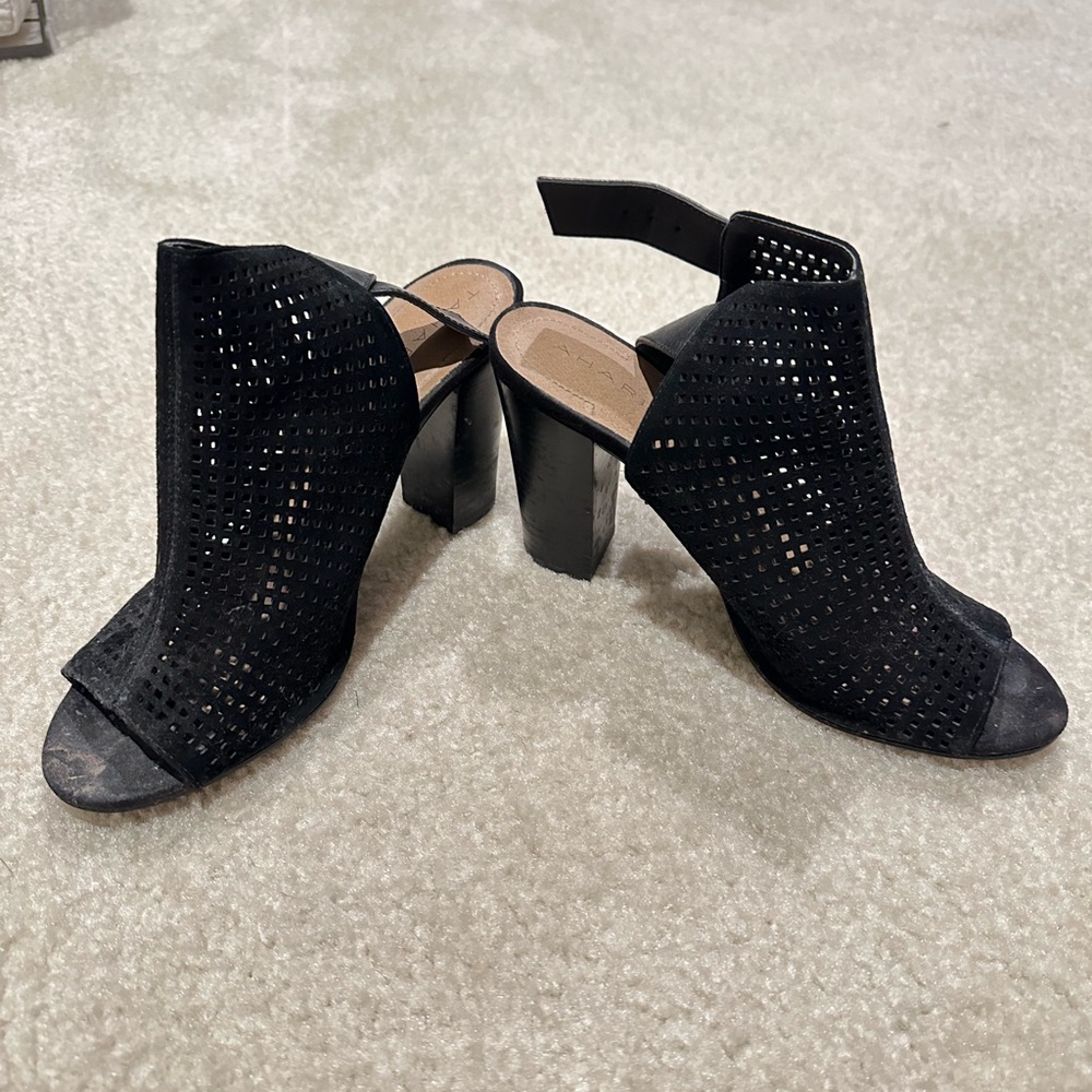 Black Suede Peep Toe Chunky Heels